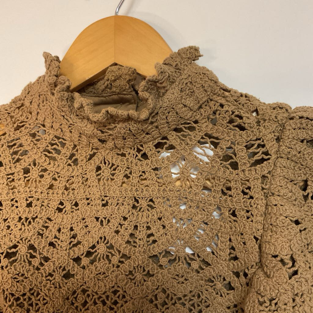 ZARA - L - Brown crochet frill sleeve high neck top