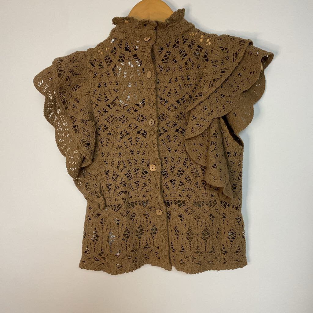 ZARA - L - Brown crochet frill sleeve high neck top