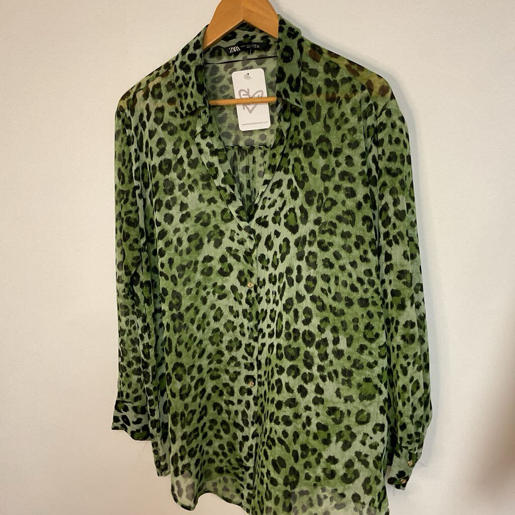 L - Green black metallic long sleeve blouse