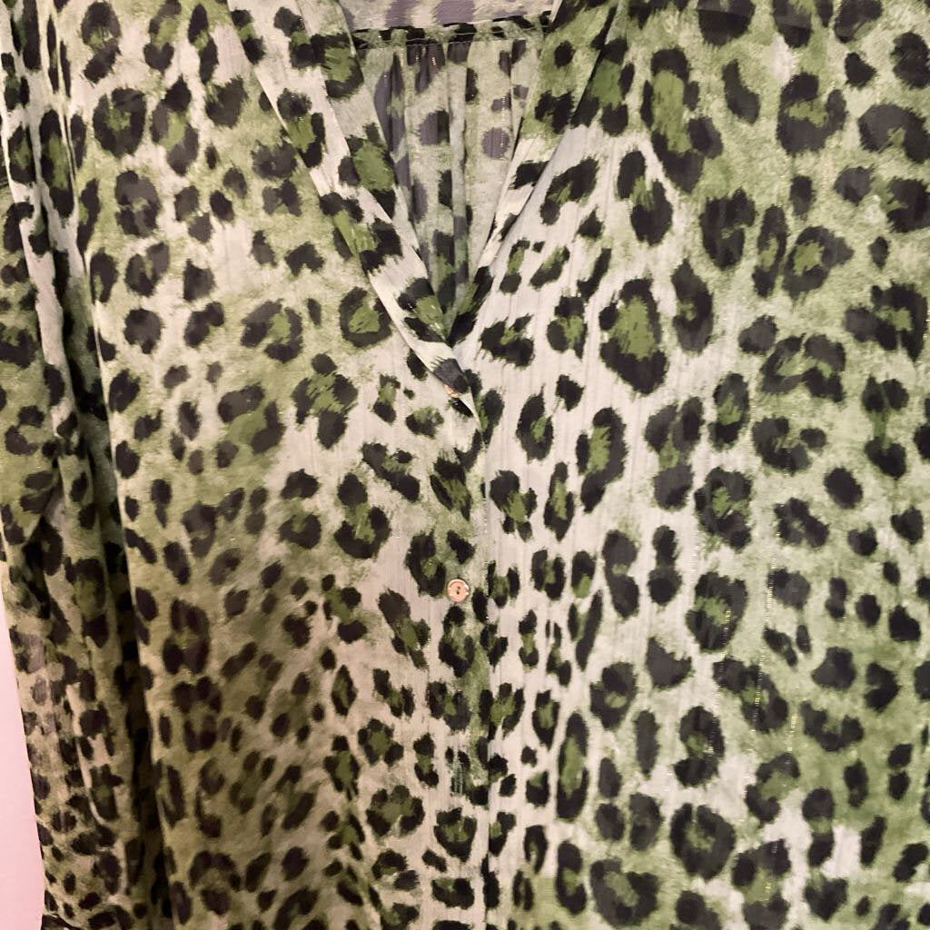 Zara - L - Green black metallic leopard print long sleeve blouse