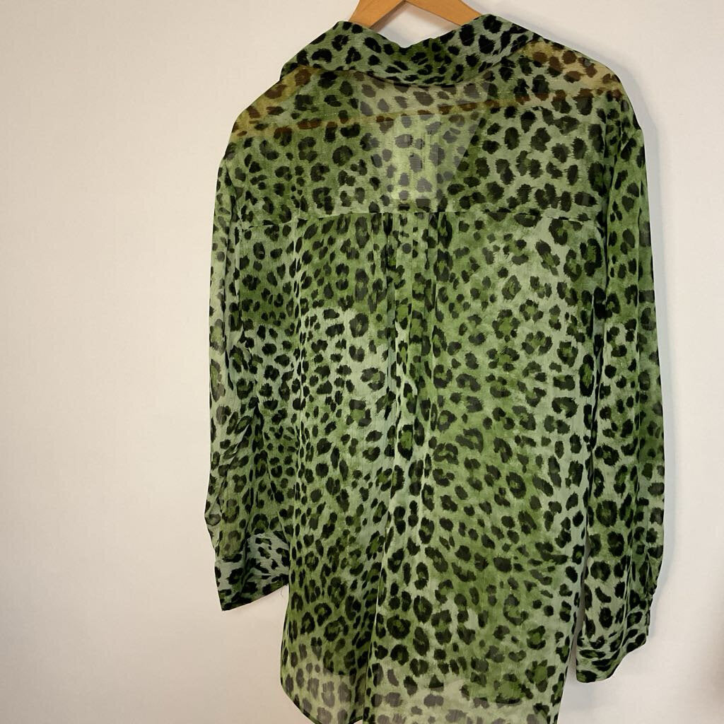 Zara - L - Green black metallic leopard print long sleeve blouse