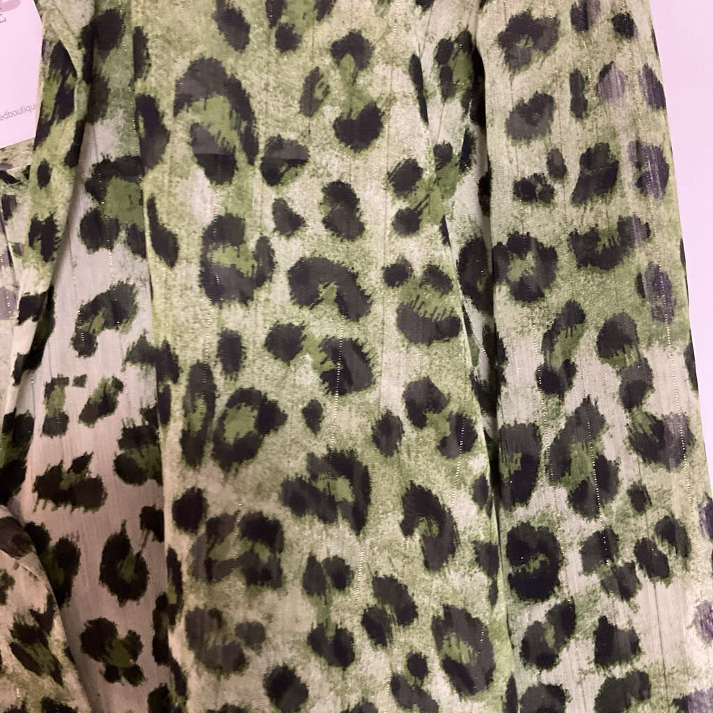 Zara - L - Green black metallic leopard print long sleeve blouse