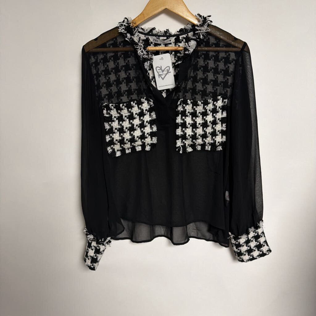 Zara - Large Black/White sheer long sleeve button front top