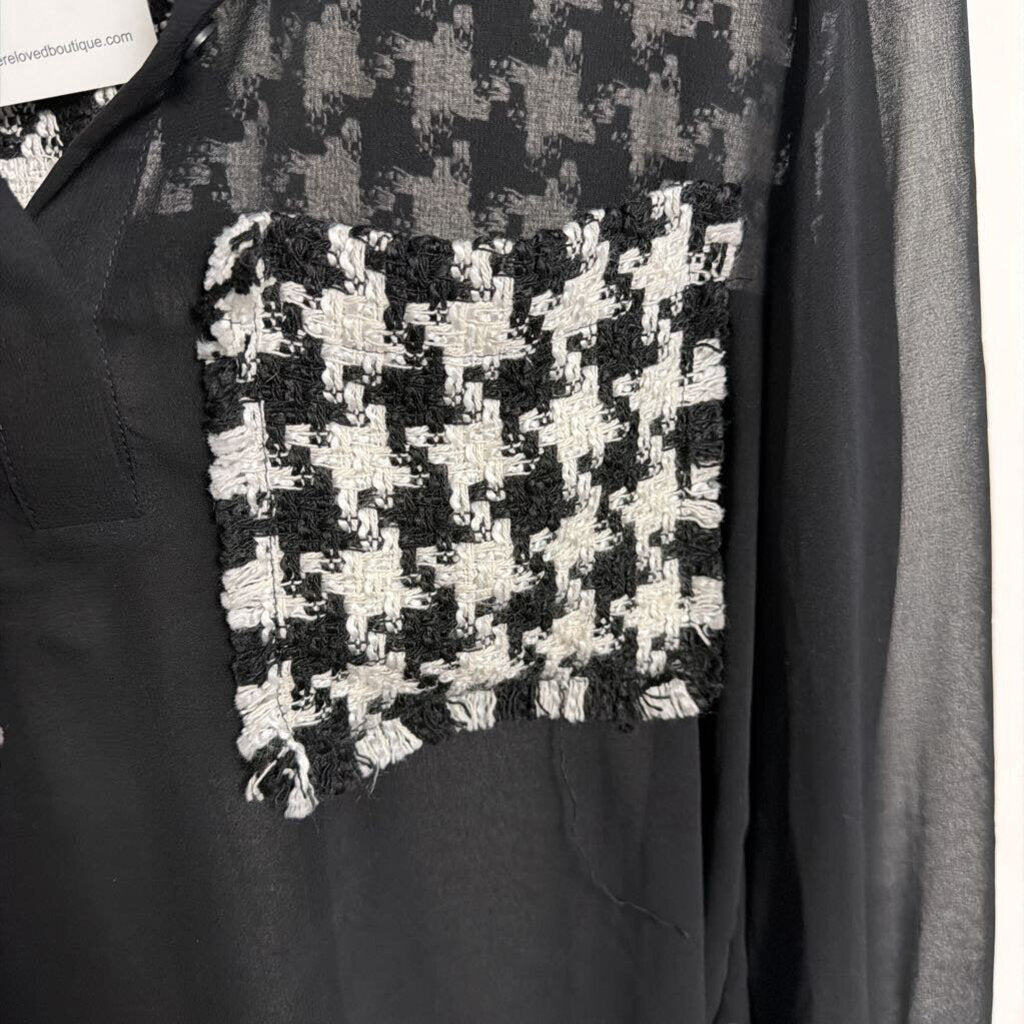 Zara - Large Black/White sheer long sleeve button front top