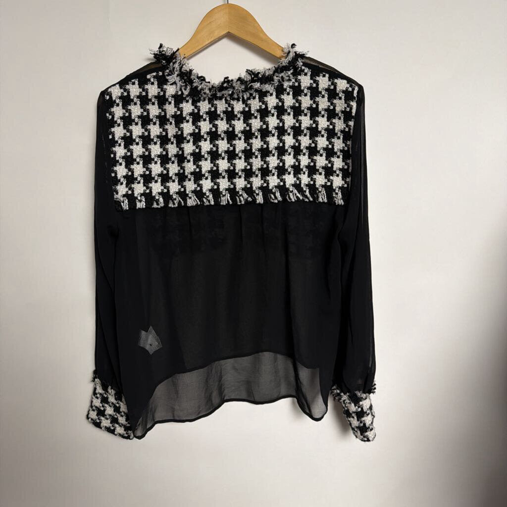 Zara - Large Black/White sheer long sleeve button front top