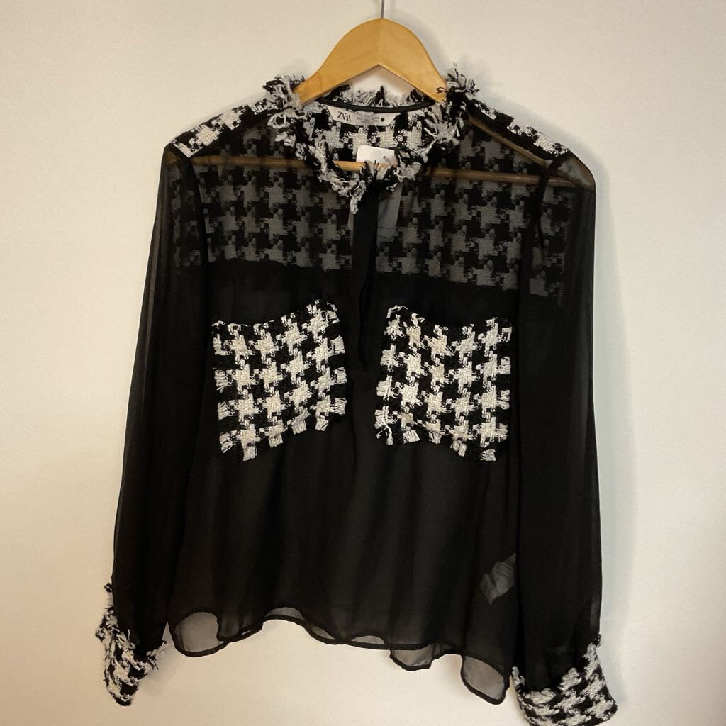 Zara - Large Black/White sheer long sleeve button front top