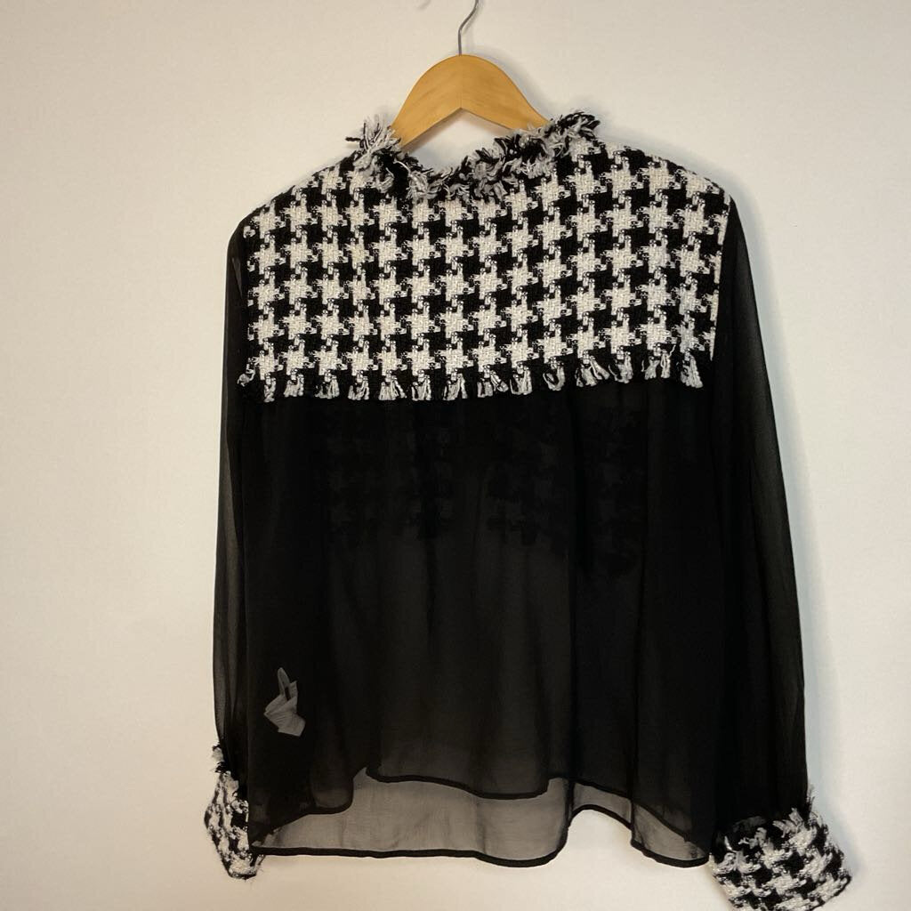 Zara - Large Black/White sheer long sleeve button front top
