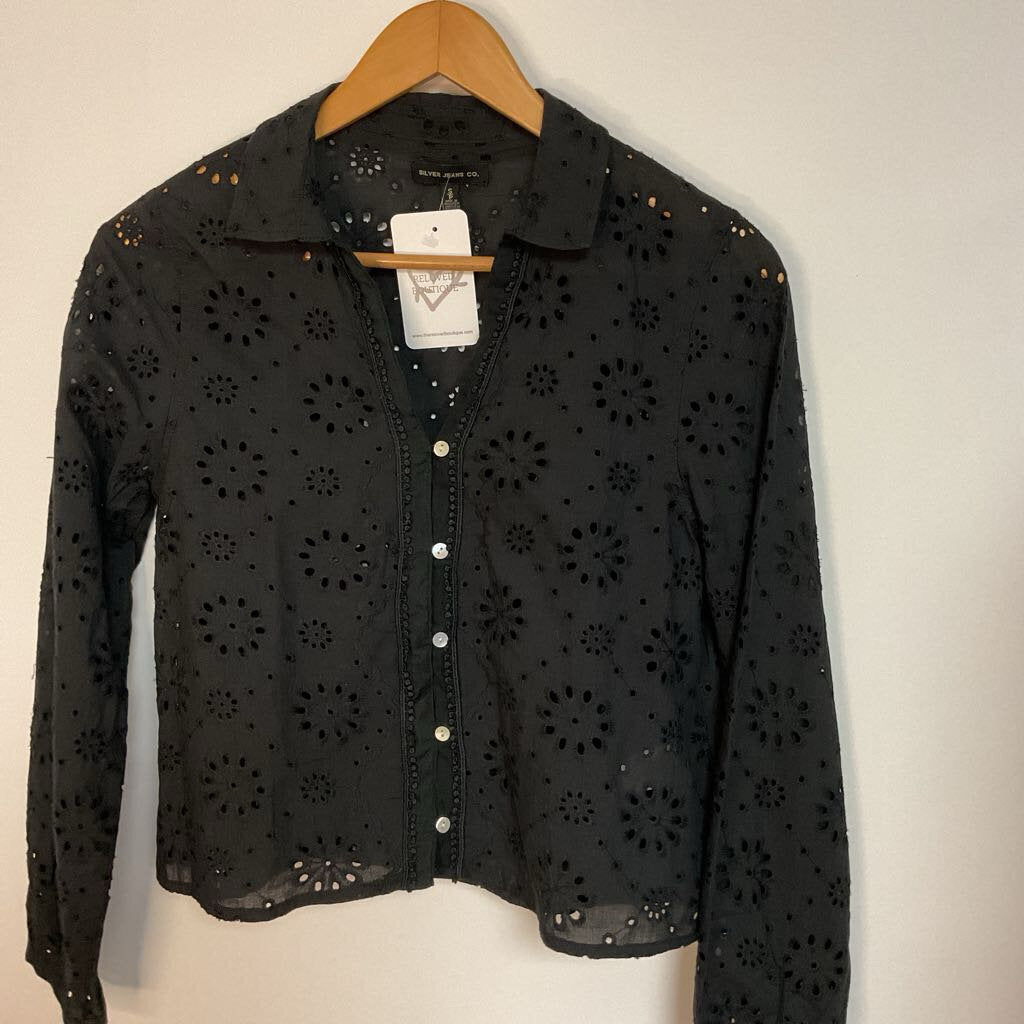 S- Silver Jeans Co- 100% cotton black eyelet button front