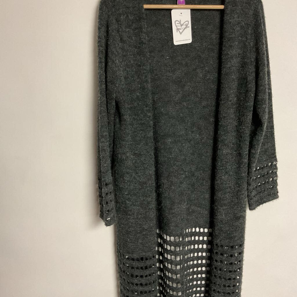 olivia m - L - grey knit long cardigan with holes on bottom