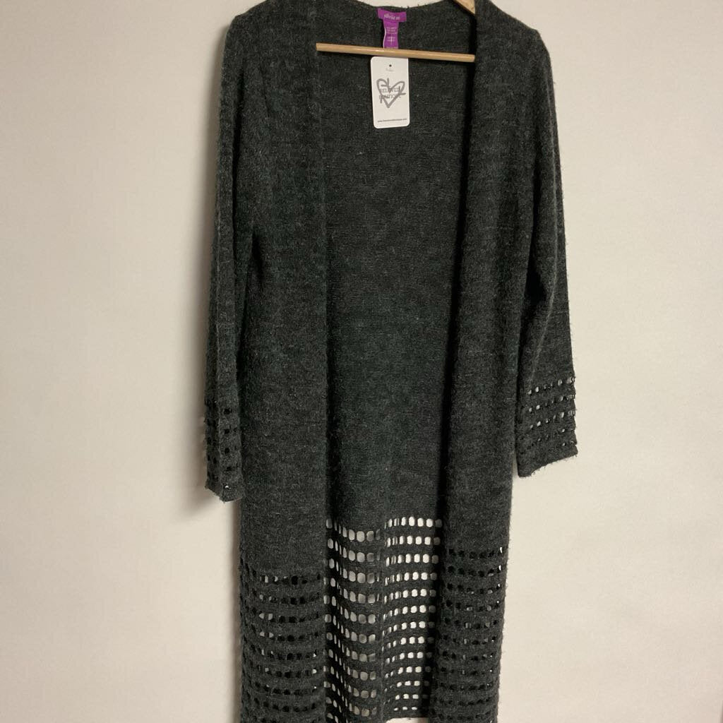 olivia m - L - grey knit long cardigan with holes on bottom