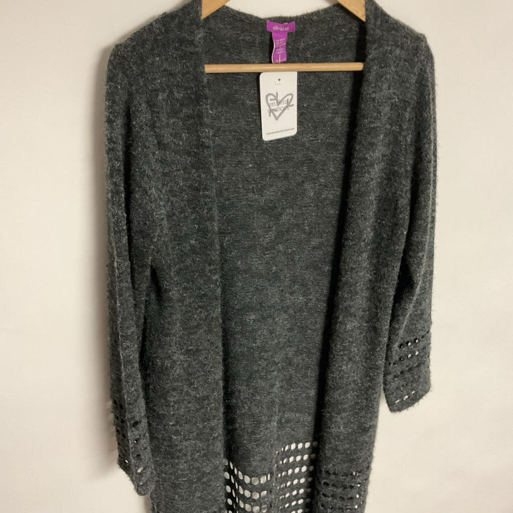 olivia m - L - grey knit long cardigan with holes on bottom