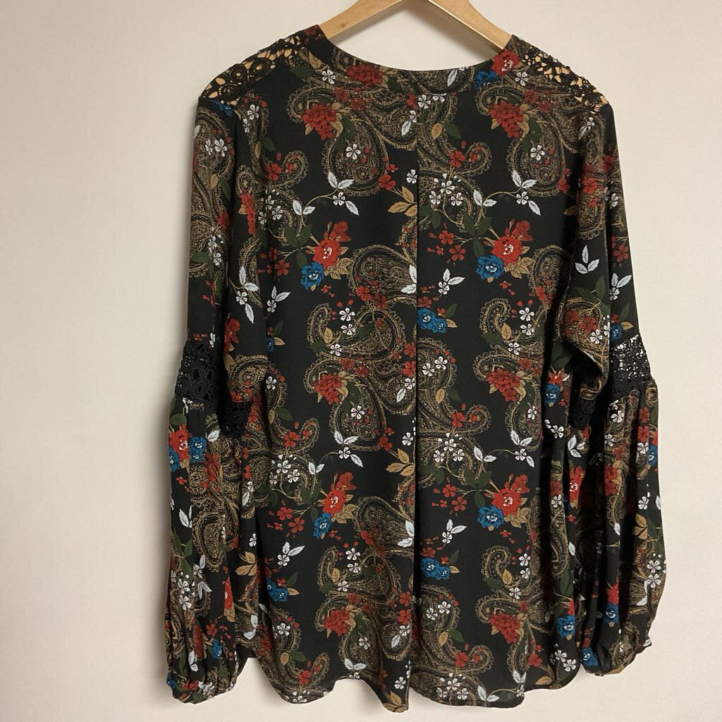 Michel Studio - Size 12 - Black floral long sleeve top with lace detailing