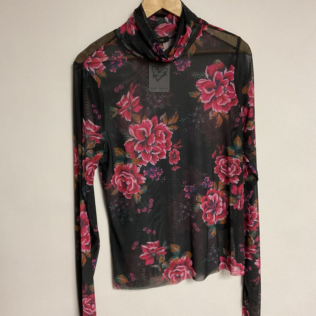 AFRM - 1X - Black & red floral sheer mesh long sleeve top