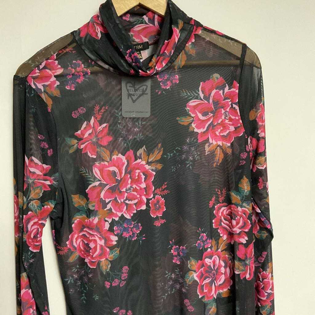 AFRM- 1X black red floral sheer long sleeve