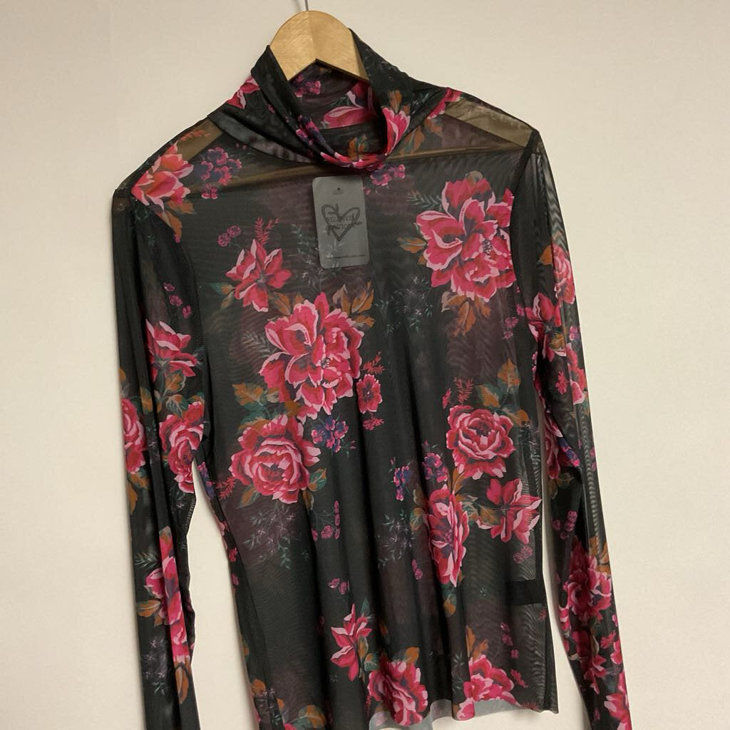 AFRM- 1X black red floral sheer long sleeve