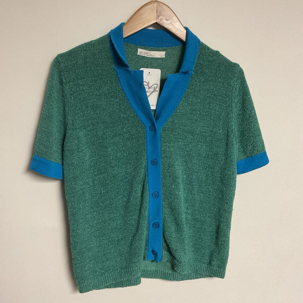 XS - Green knit short sleeve top with blue collar & trim