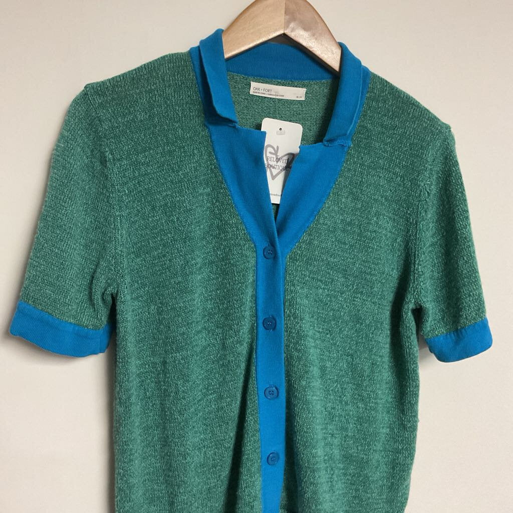 XS - Green knit short sleeve top with blue collar & trim
