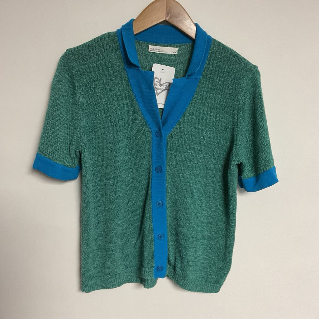 XS - Green knit short sleeve top with blue collar & trim