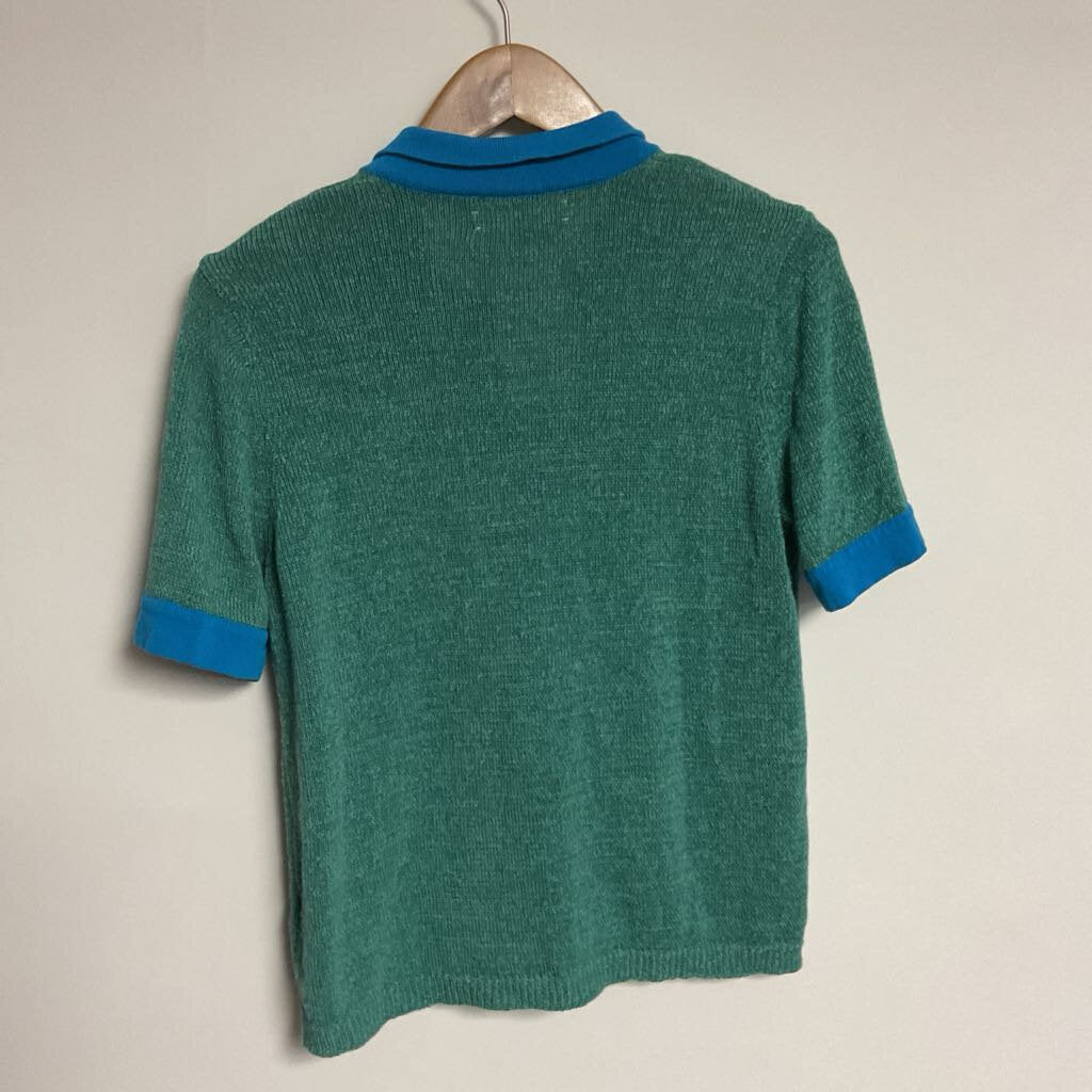 XS - Green knit short sleeve top with blue collar & trim