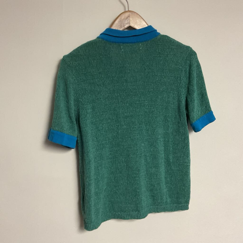XS - Green knit short sleeve top with blue collar & trim