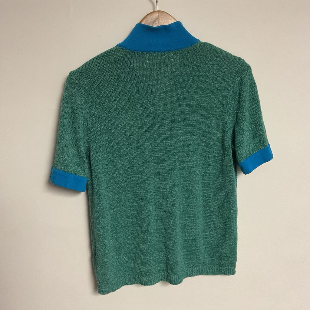 XS - Green knit short sleeve top with blue collar & trim