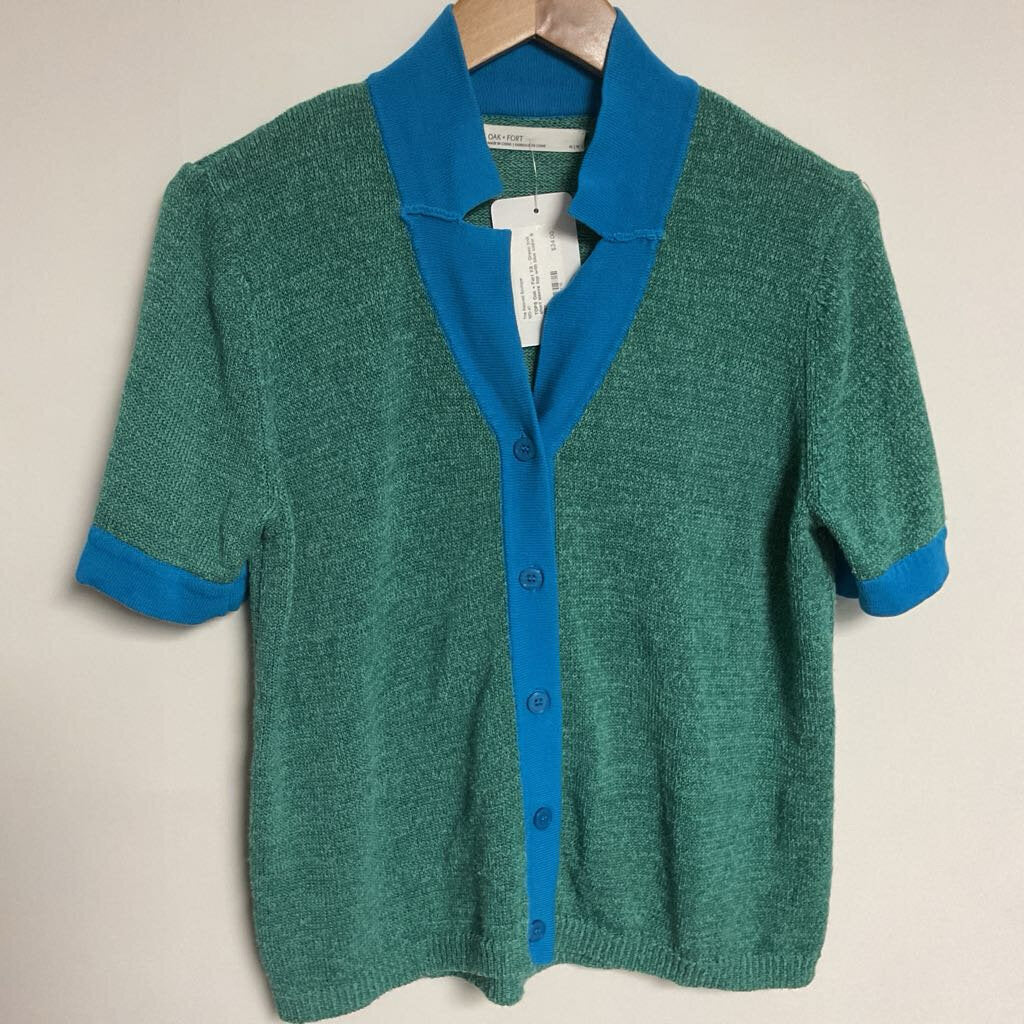 XS - Green knit short sleeve top with blue collar & trim