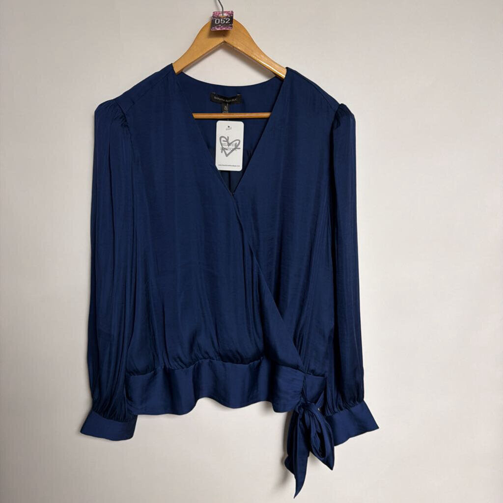 052 Banana Republic XL - Satin blue long sleeve blouse with front tie