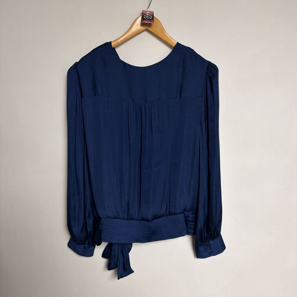 052 Banana Republic XL - Satin blue long sleeve blouse with front tie