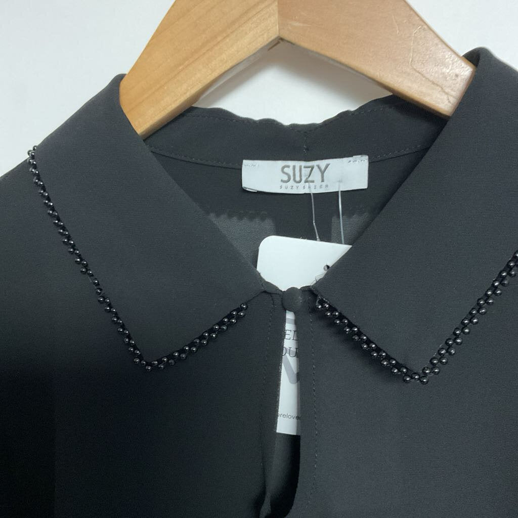 M NEW - black long sleeve blouse with beading on collar