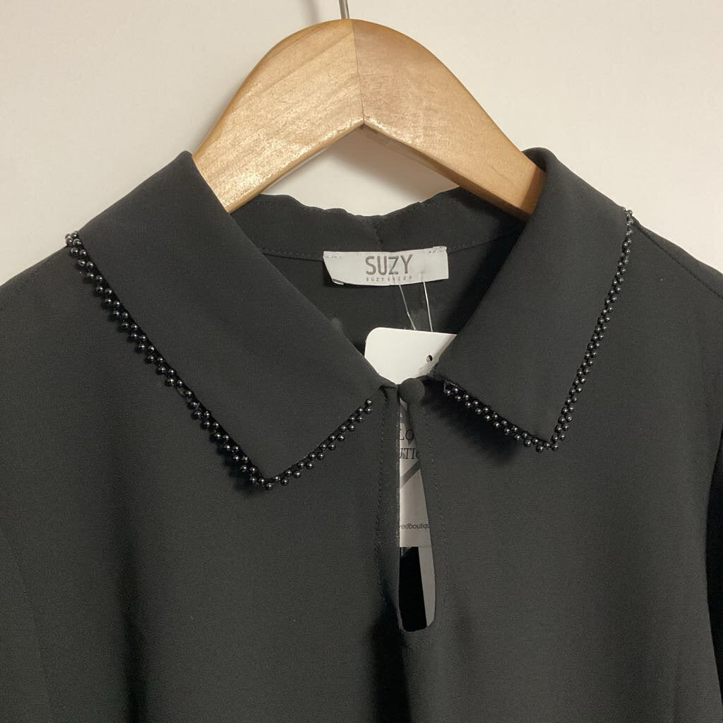 M NEW - black long sleeve blouse with beading on collar