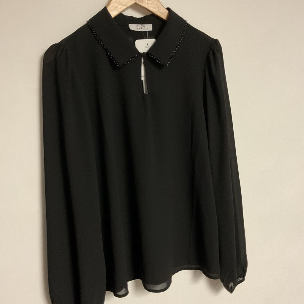 M NEW - black long sleeve blouse with beading on collar