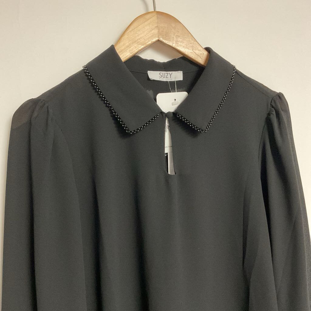 M NEW - black long sleeve blouse with beading on collar