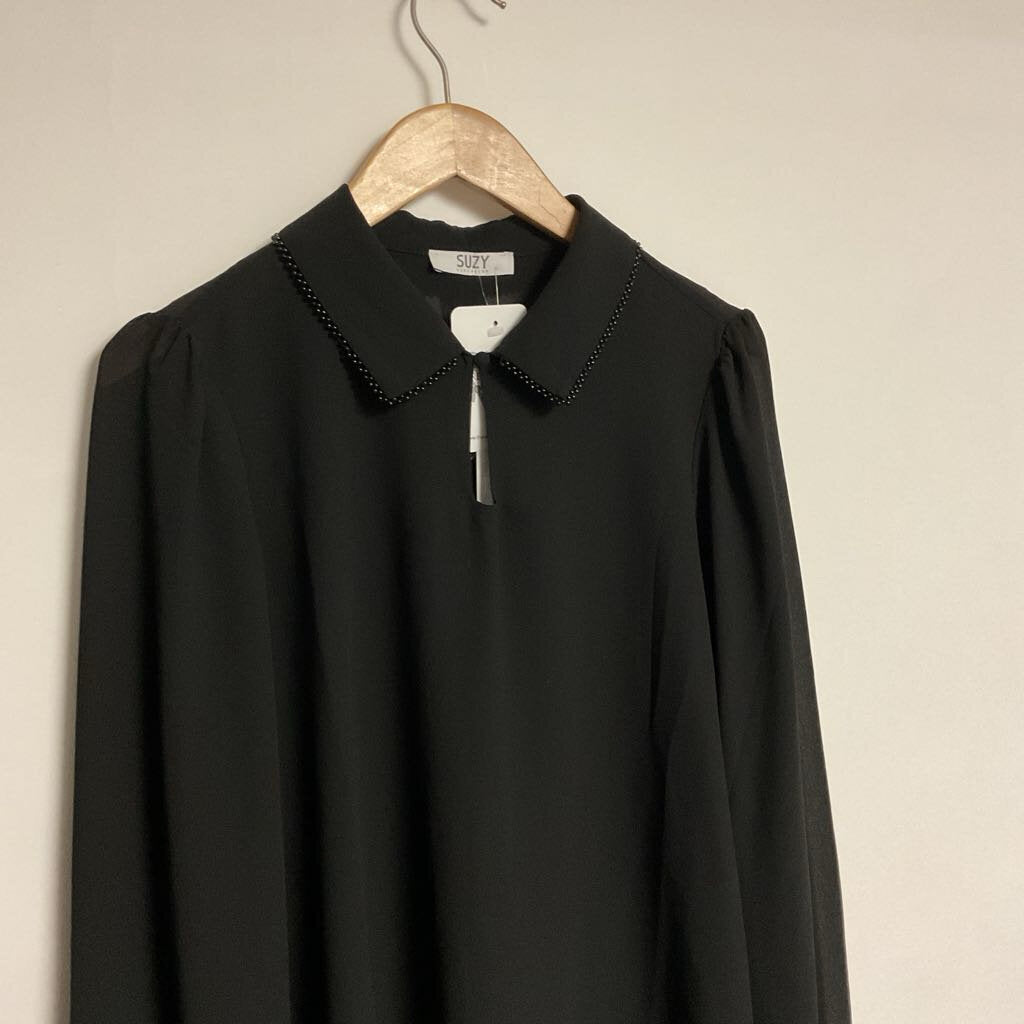 M NEW - black long sleeve blouse with beading on collar