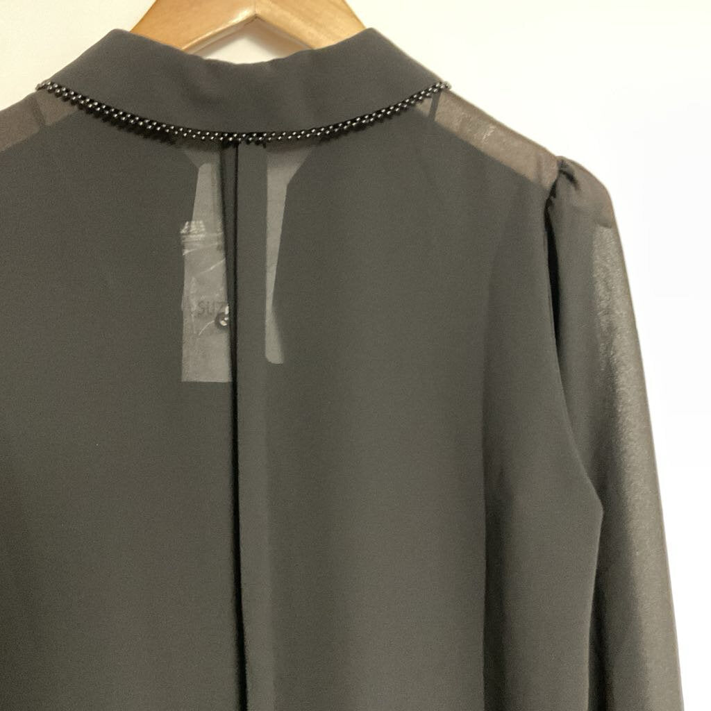 M NEW - black long sleeve blouse with beading on collar