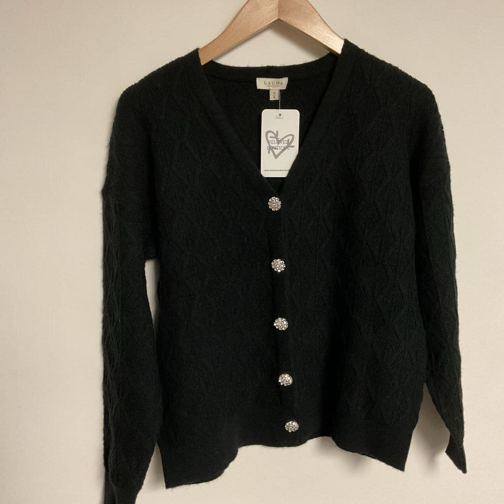 XS - black knit rhinestone button front