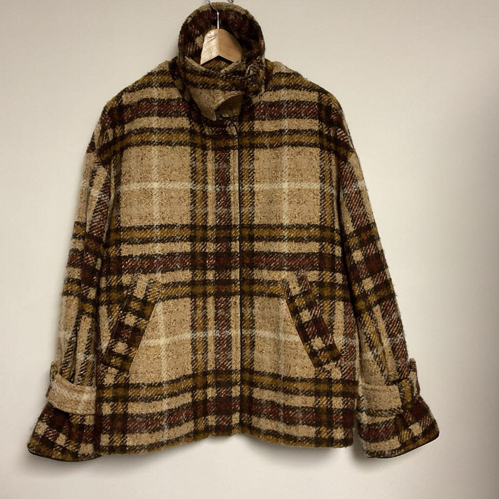 Banana Republic - S - Brown cream mustard wool blend plaid coat with neck buckle