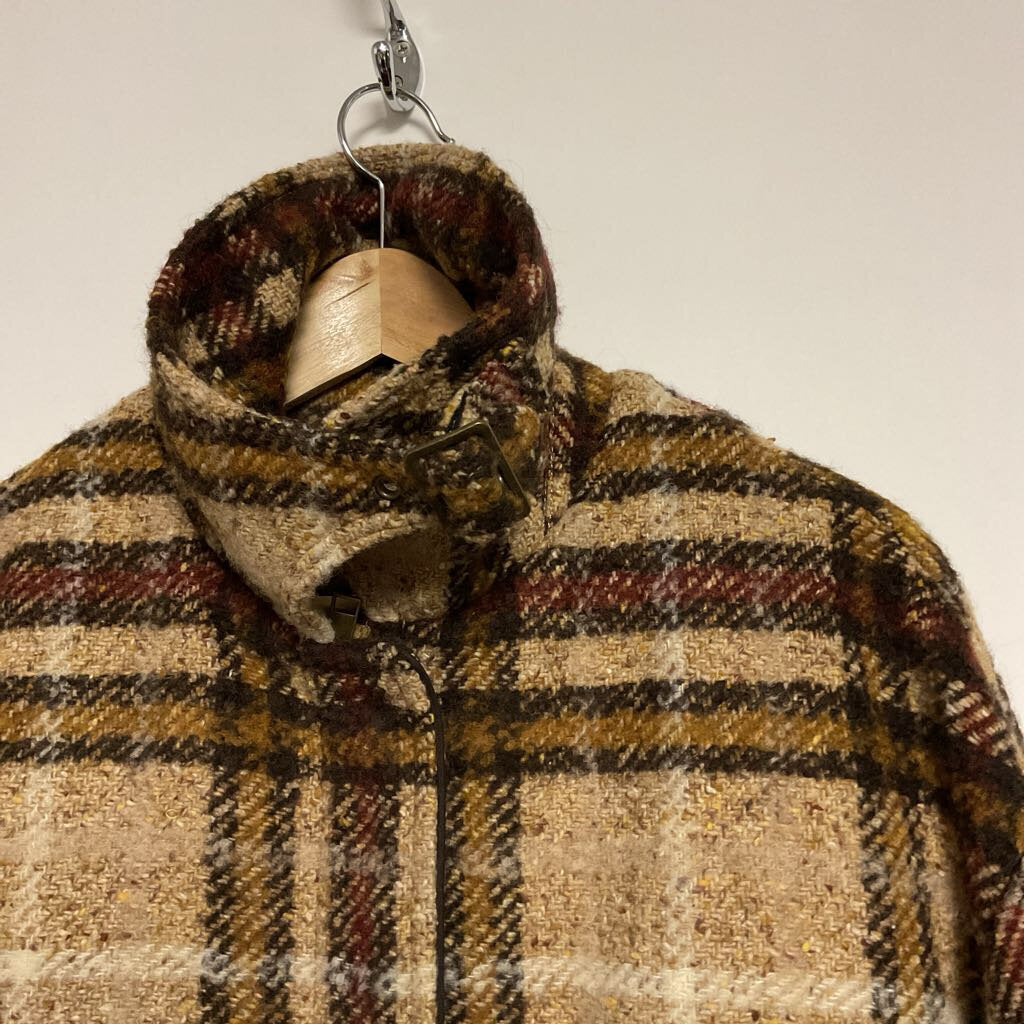 Banana Republic - S - Brown cream mustard wool blend plaid coat with neck buckle