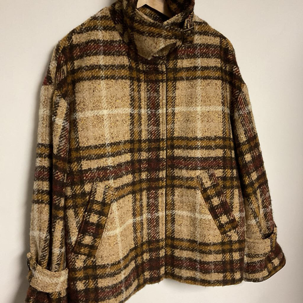 Banana Republic - S - Brown cream mustard wool blend plaid coat with neck buckle