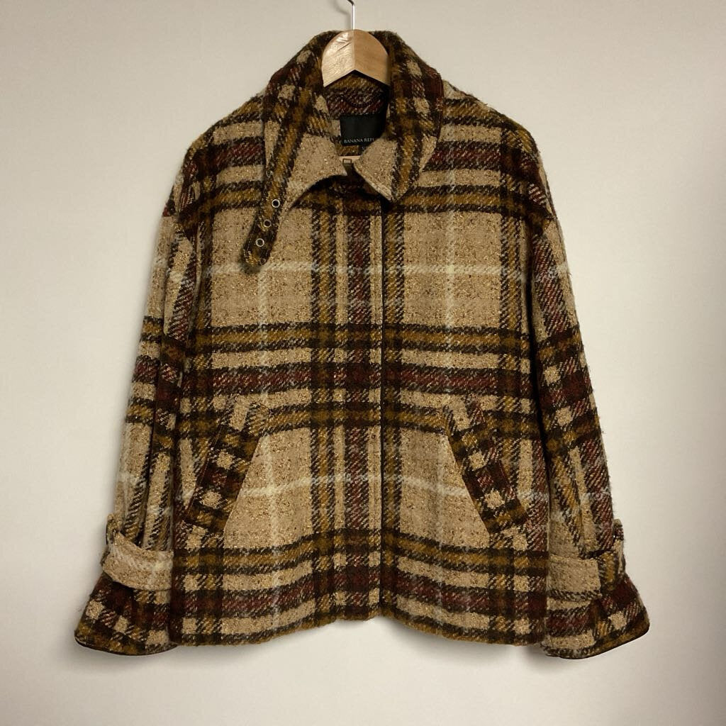 Banana Republic - S - Brown cream mustard wool blend plaid coat with neck buckle