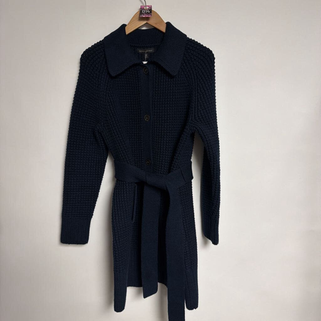 014 Banana Republic - S - Navy chunky knit button front belted cardigan