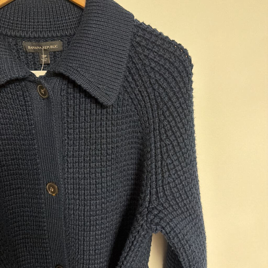 014 Banana Republic - S - Navy chunky knit button front belted cardigan