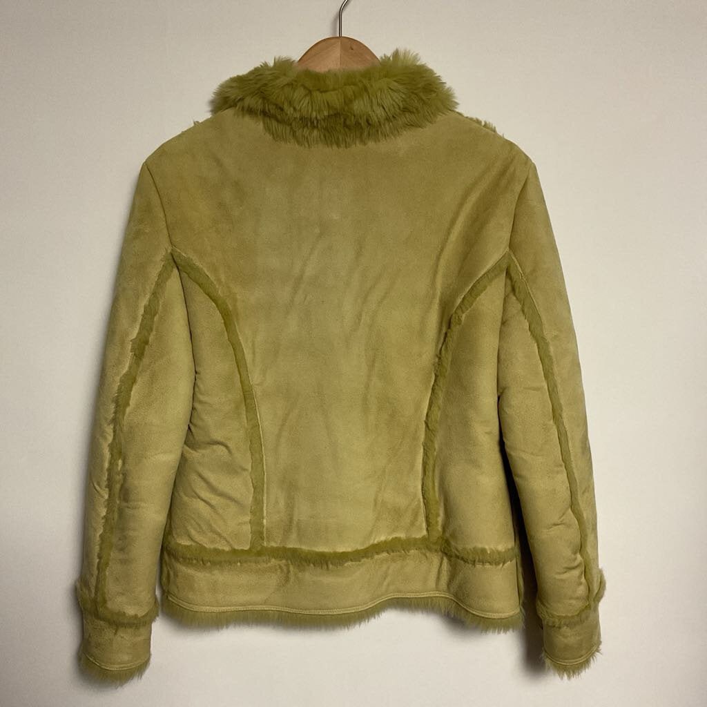 Colour Eighteen - L - Green faux suede jacket with faux fur trim and plastic antler buttons