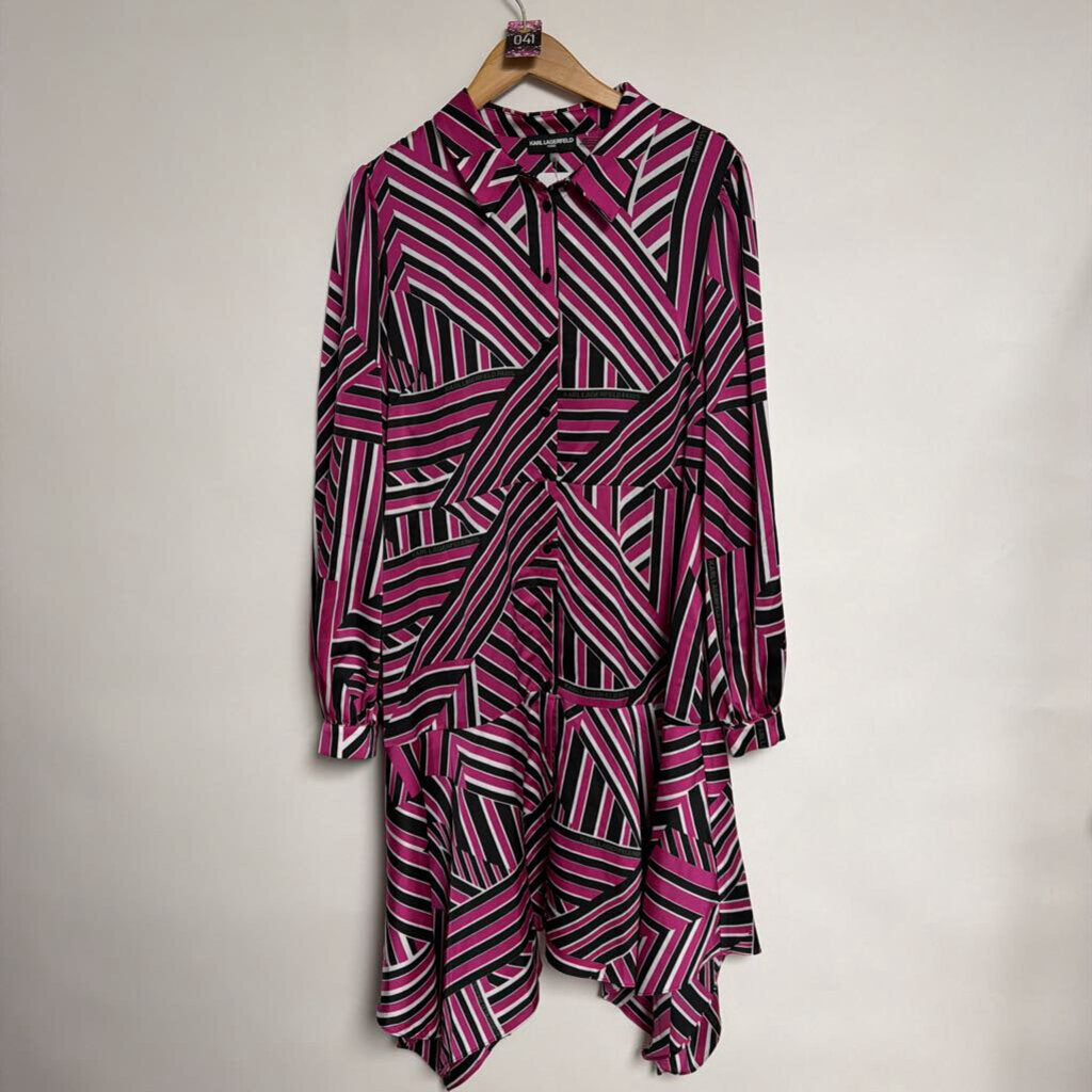 041 Karl Lagerfeld Paris - Size 14 - Black pink white stripe satin long sleeve dress