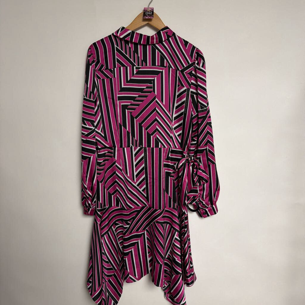 041 Karl Lagerfeld Paris - Size 14 - Black pink white stripe satin long sleeve dress