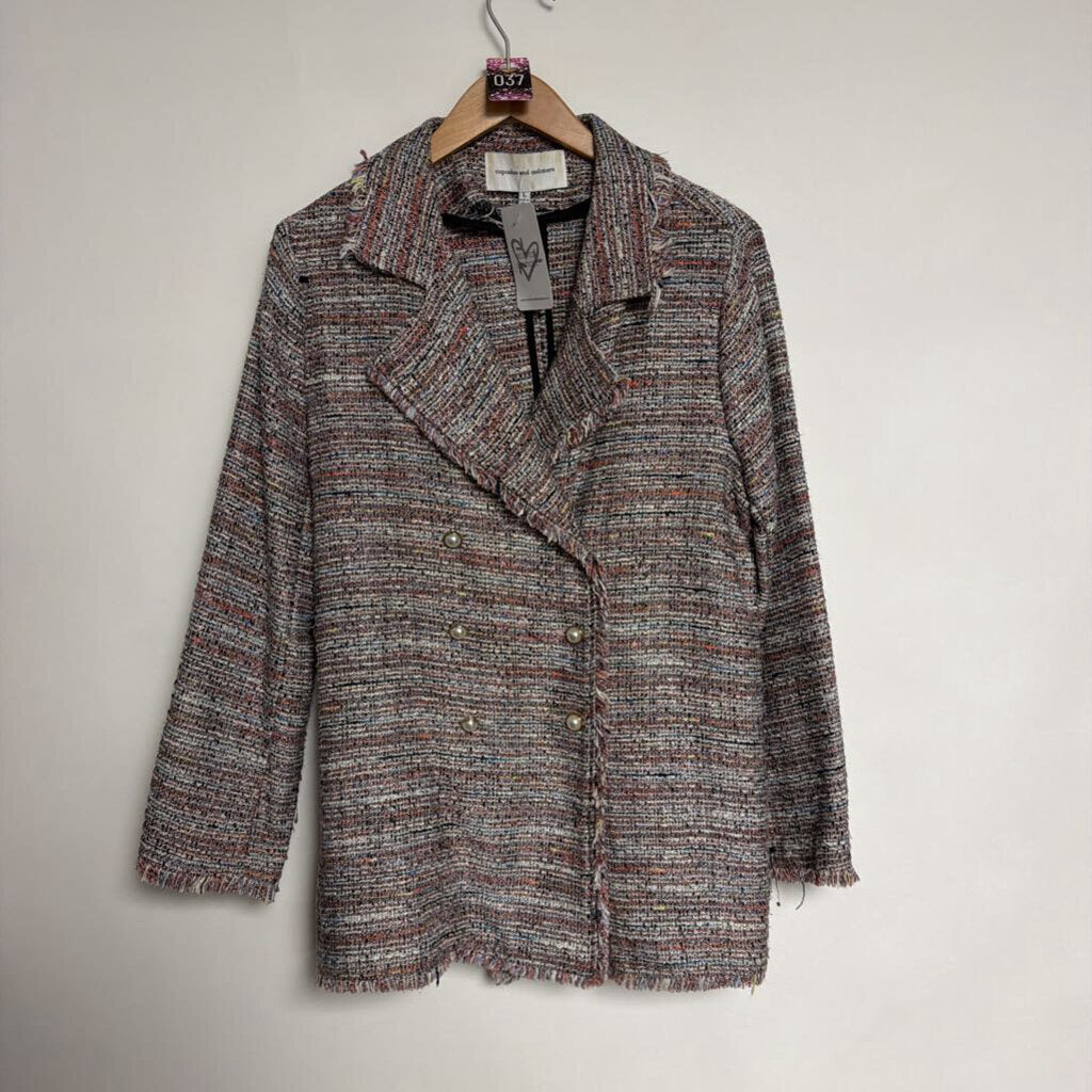 037 Cupcakes and Cashmere - L - pink multi colour fringe trim pearl buttons blazer