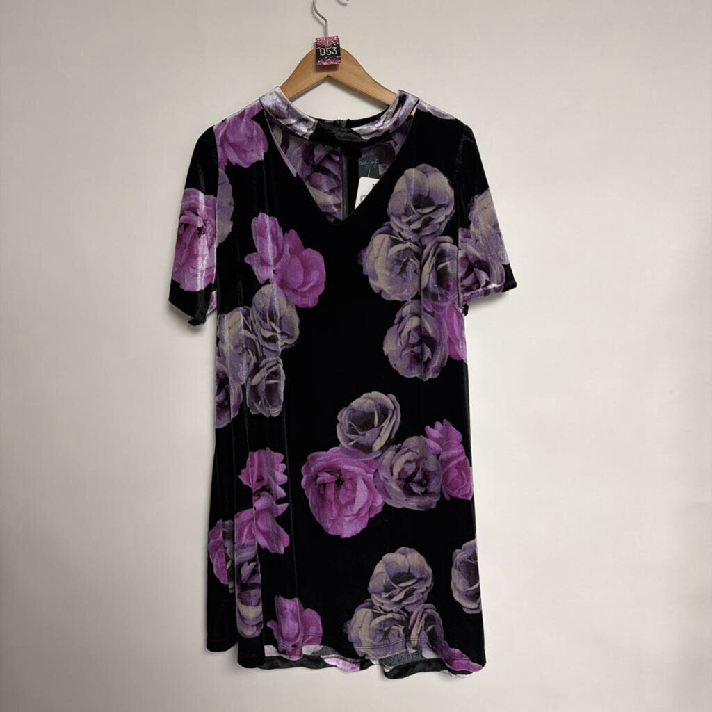 053 Gabby Skye - Size 16 - short sleeve black and purple flower velour dress