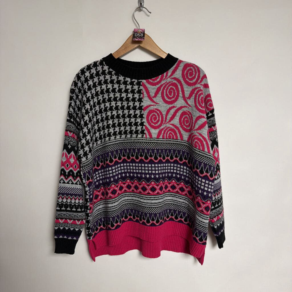 058 - WNT collection - no size (XL) - pink black grey multi pattern knit wool/alpaca blend sweater