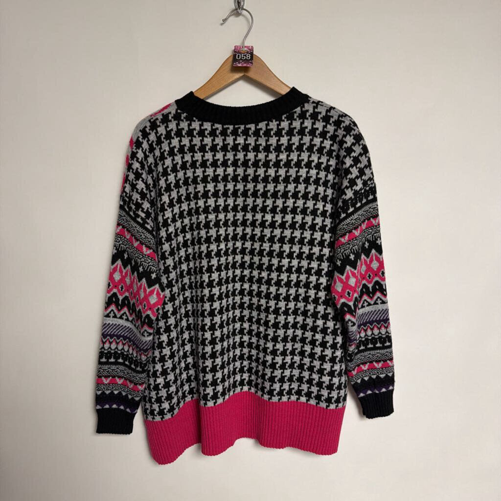 058 - WNT collection - no size (XL) - pink black grey multi pattern knit wool/alpaca blend sweater